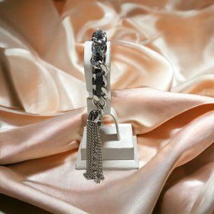 Chain Link Silvertone and. Faux Leather Tassel Bracelet